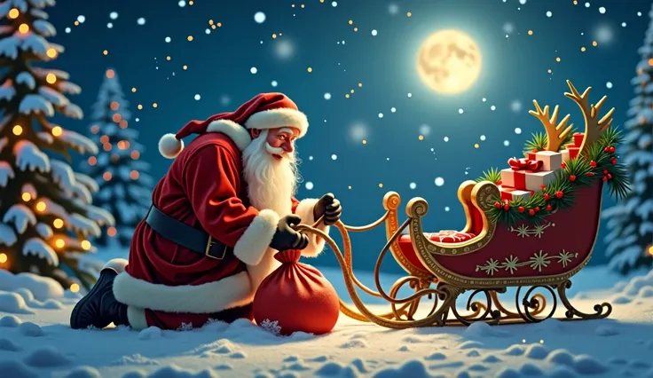 Santa kneels by the sleigh, examining its reins and ornaments as he looks for the sack.