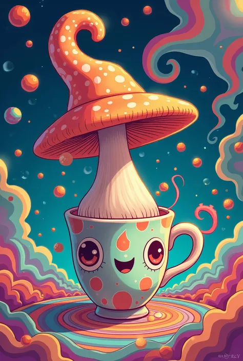 A fun, psychedelic mushroom-shaped espresso cup in anime style