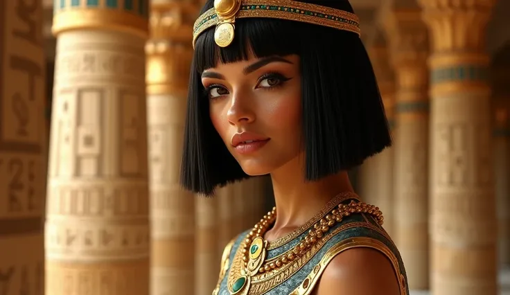  an Egyptian woman with short dark hair braided or bob cut ,  embellished with exquisite gold jewellery ,  stands gracefully in a glamorous Pharaonic costume .  her eyes are beautifully drawn ,  complimented by her attractively detailed lips .  This work h...