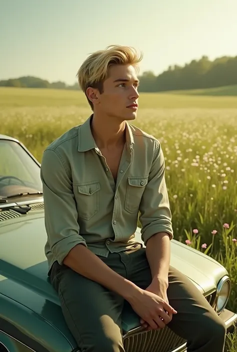 a blonde hair russian boy who has meadow green eyes. he is sitting on the car. he is 25 