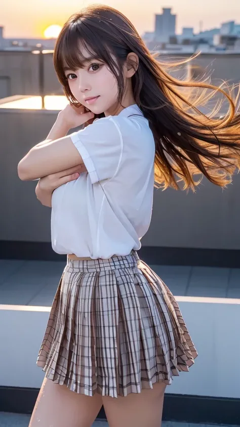 masterpiece,Highest quality,1 person,1,Cowboy Shot,Front view,Young and cute Japan,A small smile,Lunch break,((rooftop,Beautiful red sunset)),((the wind is strong:1.5)),((Long flowing hair:1.5)),((Skirt flip:1.5)),Schoolgirl uniform,Summer clothes,wear,((U...