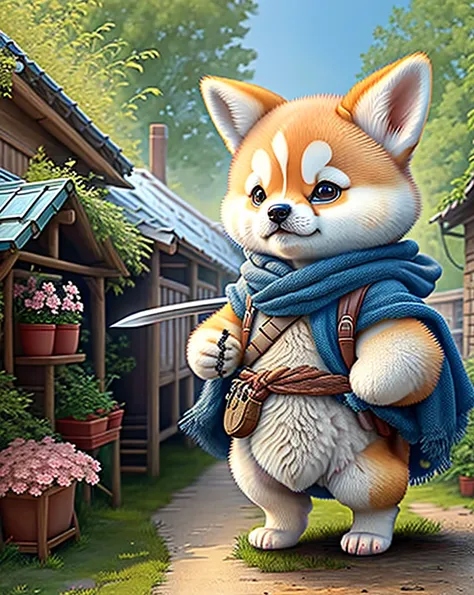  High Quality、「 create a masterpiece of 、 cute Shiba Inu creatures with ultra-detailed concept art。Dress up as a medieval European hunter and 、Carrying a longsword on your back。Scenery of the village where Shiba Inu creatures live。