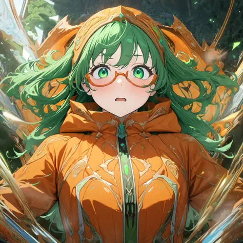 select and generate best screen effect,((1girl,long-deepgreen-hair,green-eyes,orange-hooded-jacket,under-rim-eyewear)),
mediumbreasts
, (irritability,masterpiece,best quality,very aesthetic,absurdres,detailed background,newest, perfect anatomy:1.2),