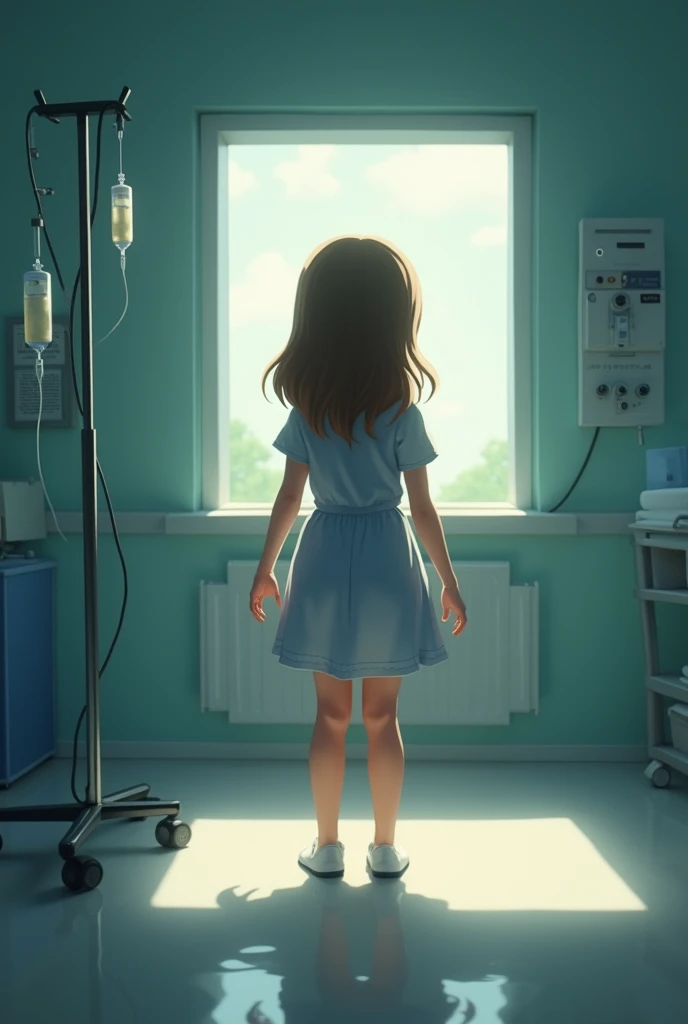 a girl that standing in the hospital with her holding IV stand, her background like a hospital inside and she stand with hope and behind her has shadows and light. make it animation. make it for book cover page ....i want the girl look at the back...its li...