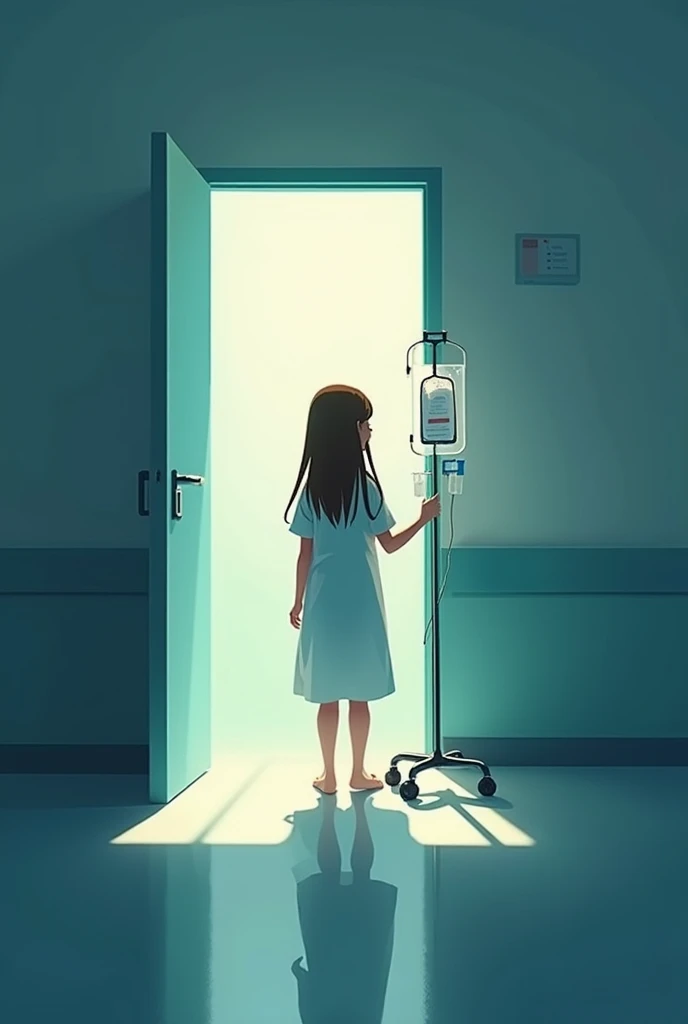 a girl that standing in the hospital with her holding IV stand, her background like a hospital inside and she stand with hope and behind her has shadows and light. make it animation. make it for book cover page ....i want the girl look at the back...its li...