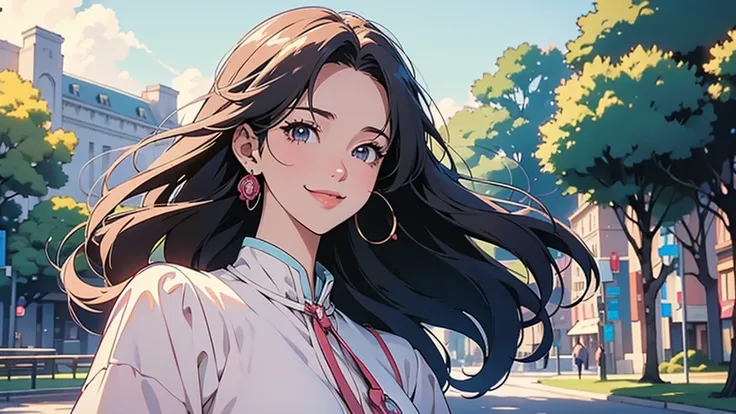 Pace Girl|  standing alone on a park sidewalk| Center| Precise and gorgeous smile | Anime Style|  key visual |  complex details|  high definition| Breathtaking|  lively|  panorama|  Movie-like | Carne Griffith| Connor Rosette| Ghibli