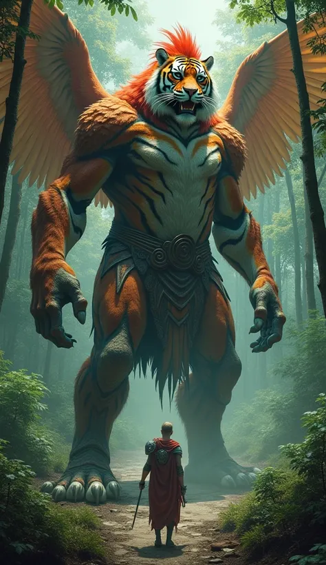 "In a dramatic transformation, the parrot, tiger, and warrior unite to form a monstrous hybrid creature, a fusion of animalistic power and human intellect. The creature stands towering, with the fierce body of a tiger, the vibrant feathers and wings of a p...