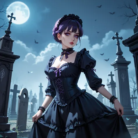 A mysterious and alluring anime girl with dark purple hair and violet eyes, wearing a gothic, Victorian-style dress. She stands under a full moon in an eerie, misty graveyard.