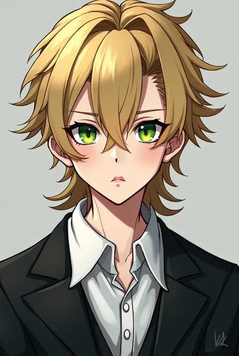 A blonde boy who has meadow green eyes.his hair style is curtain mullet.he wearing a blade and black trousers.there is a white shirt inside the blade.he is 25.