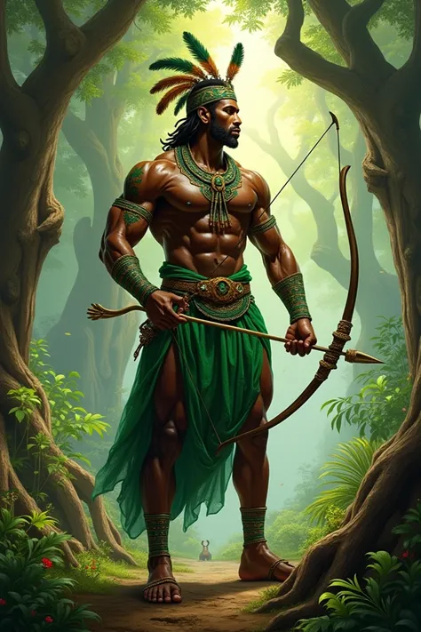 African Orixá Oxossi dressed in green with bow and arrow in the forest