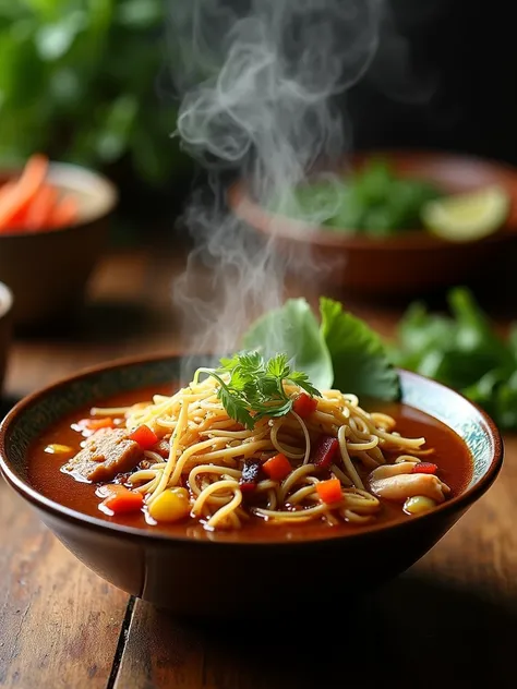 "A high-quality photo of a traditional Thai boat noodle soup, with a focus on the rich, dark broth and the variety of toppings. The bowl should be placed on a rustic wooden table, with a few other bowls stacked in the background to add depth to the image. ...