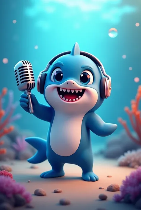 To design a baby shark mascot, he needs to hold a fish skeleton digital microphone and wear digital headphones.