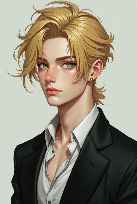 A blonde boy who has meadow green eyes.his hair style is curtain mullet.he wearing a blade and black trousers.there is a white shirt inside the blade.he is 25.