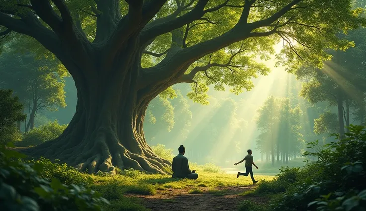 A peaceful forest clearing with Buddha seated under a large Bodhi tree, surrounded by greenery.

Camera Shot: Wide-angle showing Buddha meditating and the young man approaching hurriedly.
Action: The young man looks restless, pacing as he speaks. Buddha lo...