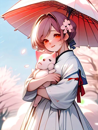 masterpiece、Illustration， best quality，8ｋ、 Very detailed，cute， mascot、Baby kitsune，Being hugged by a girl、In the cherry blossom blizzard