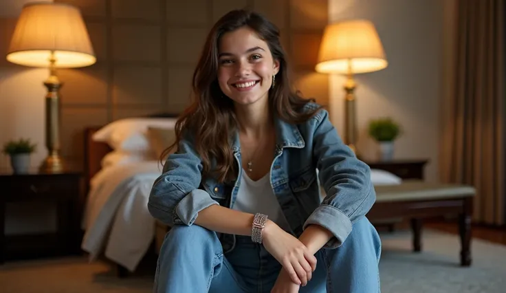  fifteen 20 year old girls  . cheerful face.  Wearing a jacket and blue jeans .  Matching sneakers .   Accessories bracelet necklace matching complete earrings .  Pose sitting and partially standing in a stately room. Modern interior ,  Magnificent expensi...