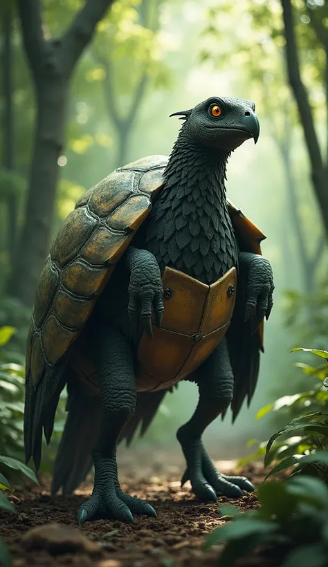 Design a hybrid creature combining the features of a turtle and a pigeon, creating a monstrous and intimidating being. The hybrid’s body is a combination of a large, heavy turtle shell that covers its back, blending seamlessly into the lightweight, feather...