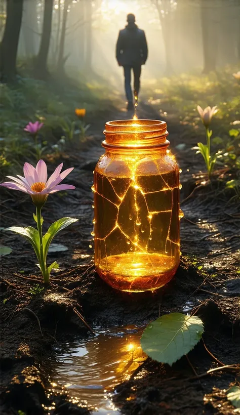 The cracked jar is back on Demos’ shoulder, dripping water as they walk the path again. This time, the water droplets are shown nurturing the soil below, where flowers have started sprouting. The jar whispers, “I see now… my flaw has meaning.”
(Slow-motion...