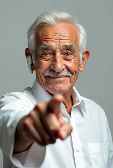 Real image of a Latino adult over 75 years old with a medical hearing aid in his left ear pointing at him and dressed in white 