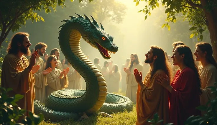 serpent giving  bible people wisdom and they are very happy 