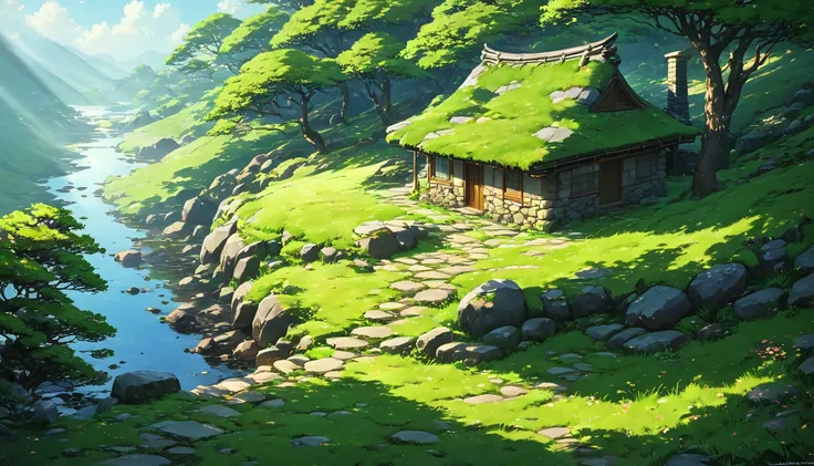 A small hut, stone, cozy, Shadow, mysterious, beautiful, Contrast, dynamic, nature,beautiful Anime Scenery, Landscape painting, Beautiful digital painting, Andreas Rocha, illustration of a beautiful artwork, Awesome Wallpapers, Raymond Han, tall beautiful ...