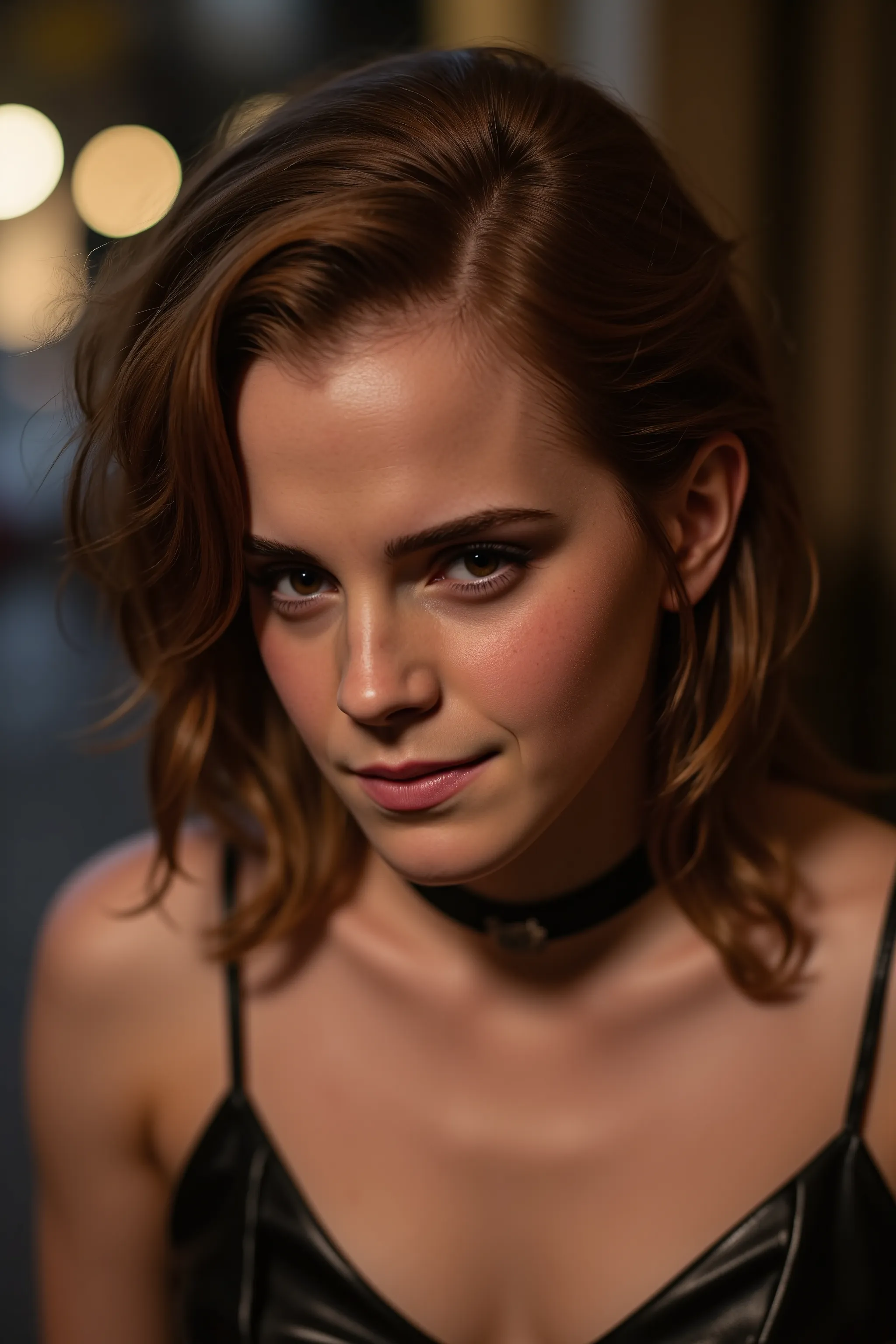 emma watson naked small choker, (elegant, beautiful face), curly auburn hair, (cheeky smile:0.8), pale skin, goth makeup, (intri...