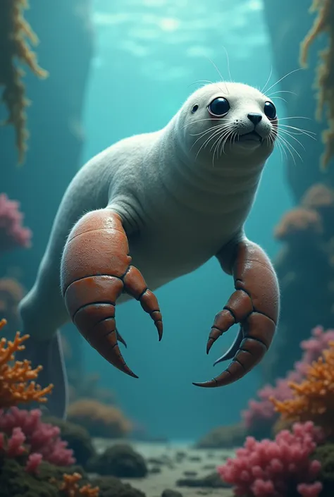 Seal-Lobster Hybrid: A seal with lobster claws and a segmented tail.
