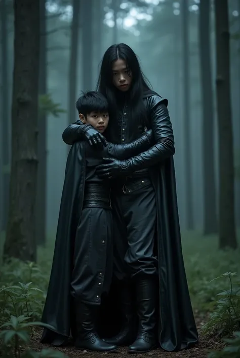 Live action tall Asian pre Teen boy with Very Long Flowing black hair, a Long Sleeved Leather Royal Warlock Outfit with Very Long Sleeves that Cover the palms, and Long Black Leather Gloves. And Baggy Pants with Boots. In a Dark, Dead Forest at an Evil Hor...