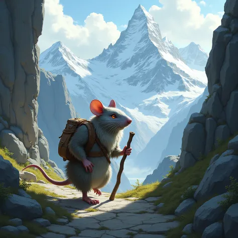 An old gray-haired mouse with a staff walks along a mountain path 