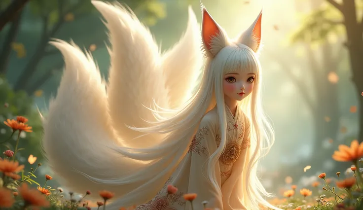 A petite, sweet-faced girl with long white hair. has fox ears And the foxs tail has nine tails.
Wear traditional Chinese womens clothing
You can see her whole body from a distance.