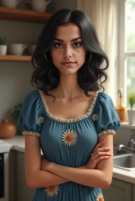   Realistic human photo, Fika is a young woman with medium body,  shoulder length  wavy  black hair and fair skin. She has well-defined eyebrows, large black eyes,  . Wearing blue  flower motive homedress., seltanding and cooking at the kitccen . Real huma...