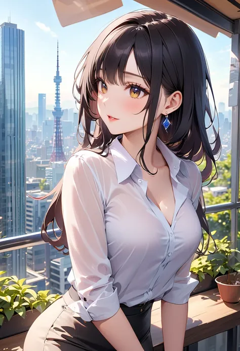  best quality,  amazing,delicate,  super detailed, beautiful, 8k ,  1 girl,  black long hair by lla,Business shirts,  earrings for a woman alone, Outdoor,  bright 、Married Woman,sunlight、Clear skies、Cafes in Tokyo、Skyscrapers in the background、bewitching、c...