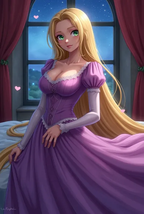  Expressiveh, RapunzelWaifu, 1girl, solo, purple dress, puffy sleeves, very long hair, blonde, green eyes, medieval bedroom setting, window, nighttime, starry sky, sexy, alluring, sexy pose, gigantic breast, cleavage, scenery, looking at viewer, eye contac...