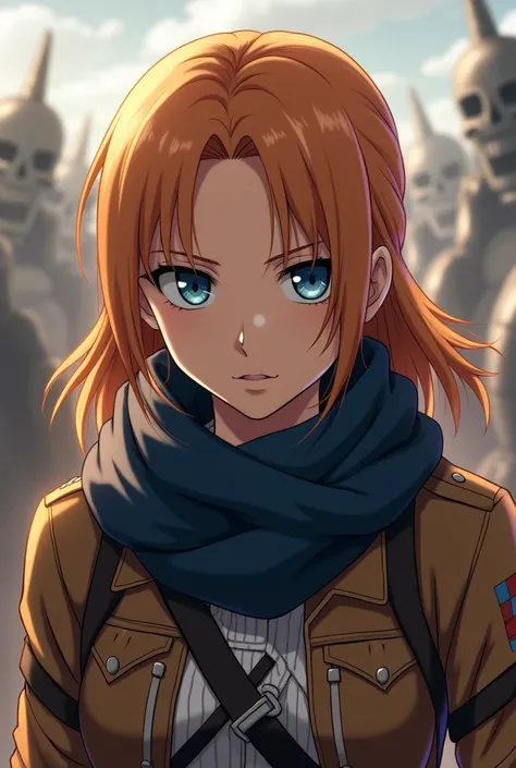  Attack on Titan an orange-haired woman,  dark blue eyes ,  and wears a dark blue scarf .  wears reconnaissance troop clothing , atmosphere of war. 