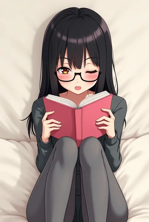 A very skinny, bespectacled Japanese animated girl with waist-length straight hair and tight gray knitwear that covers her thighs. She blushes as she reads the pink book, sweaty, open mouth, lewd smile, and glistening eyes. And her eyes are half closed.