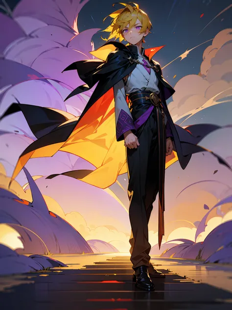 1male , Spiked Yellow Hair , Low Cut Hair, Purple Eyes , Purple Scelera , Serious Expression , Black Cloak , Yukata , Red Cloud Patterns on clothing, Standing On Path , Fitted Black Sleeves , Perfect Generation , Detailed Generation