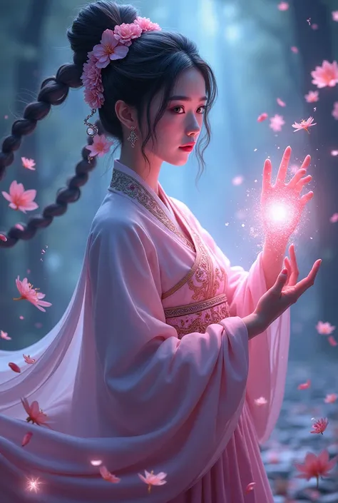  League of Legends style 　My character　 traditional costume for a Korean princess　 fantasy hair　　Petals match 　Use magic　pink　 glitter　 light blue twinkling eyes 　Magical Tools　 shines in the dark 　hero