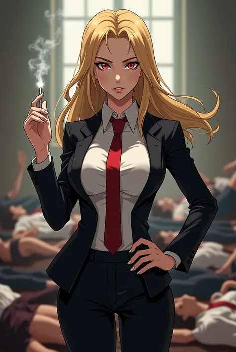 Imagine a sexy blonde female legal technician who wears a white shirt and a red tie, a formal black suit, smoking a good cigarette and behind her a mountain of women secretaries knocked down and on the floor after a hard anime-style beating.!!!!!