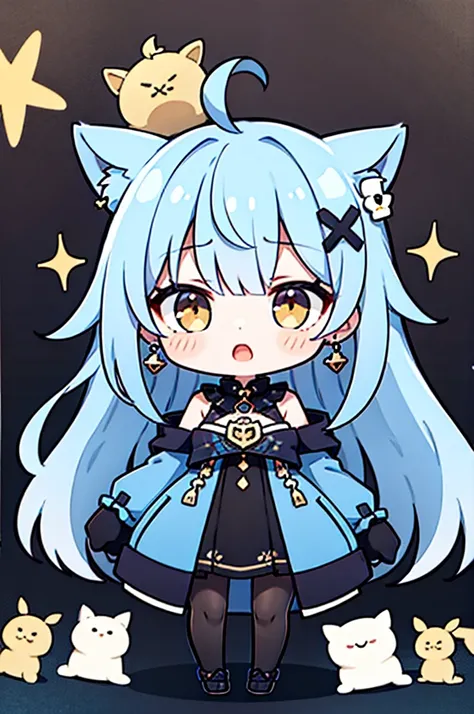   High Quality  、 Chibi
golden eyes  ,     blue hair、   shortcuts,     tights、    Womens Earrings   ,  Ahoge,     Asymmetric Bang  ,   x-shaped hair ornament ,  [[Sleepy eyes、   black tights、whole body、Time to Sleep 、 The background is white、Front、 messy h...