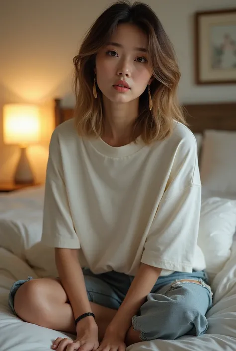 Shoulder length  hair Full body sneakers sitting   Korean lady Escort  a self-assured woman with a flawless short hair brunette and blonde hair and toned physique full lips long eyelushes , oversized t-shirt  bedroom 