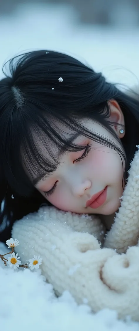 realistic girl with depression sleeping on white snow, smile, thick eyelashes, bangs, very long black hair, pale white skin, flowers, detailed face, serene expression, intricate details, soft lighting, cinematic composition, high quality, photorealistic, 8...