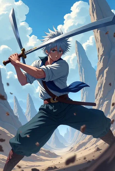 Silver-haired anime boy attacking with swords