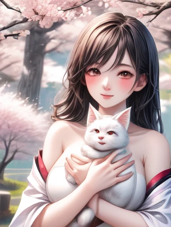 masterpiece、Illustration， best quality，8ｋ、 Very detailed，cute， mascot、Baby kitsune，Being hugged by a girl、In the cherry blossom blizzard