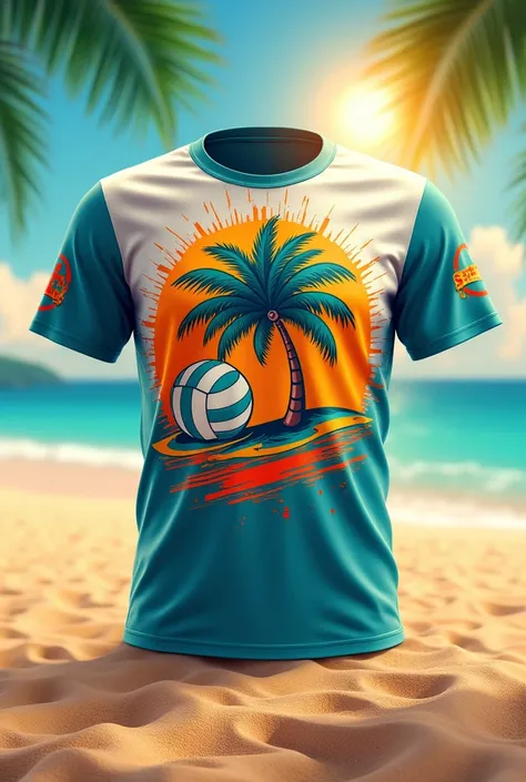 Create a volleyball t-shirt with a palm tree logo in bright colors   