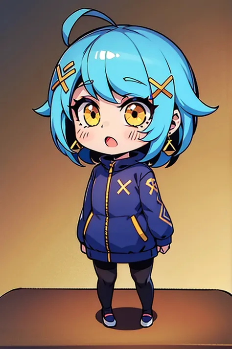   High Quality  、 Chibi
golden eyes  ,     blue hair、   shortcuts,     tights、    Womens Earrings   ,  Ahoge,     asymmetrical bang  ,   x-shaped hair ornament ,  [[Sleepy eyes、   black tights、whole body、Time to Sleep 、 The background is white、Front、 messy...