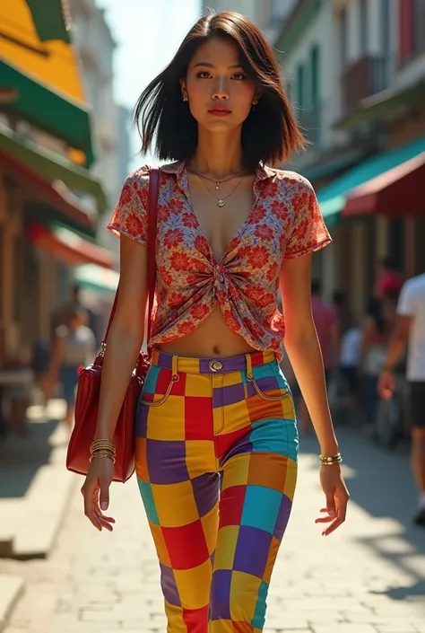 filipino woman in 30s walking, wearing colored square pants and fashion colorful flowery blouse