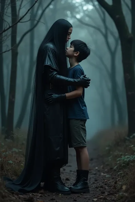 Live action tall Asian pre Teen boy with Very Long Flowing black hair, a Long Sleeved Leather Royal Warlock Outfit with Very Long Sleeves that Cover the palms, and Long Black Leather Gloves. And Baggy Pants with Boots. In a Dark, Dead Forest at an Evil Hor...