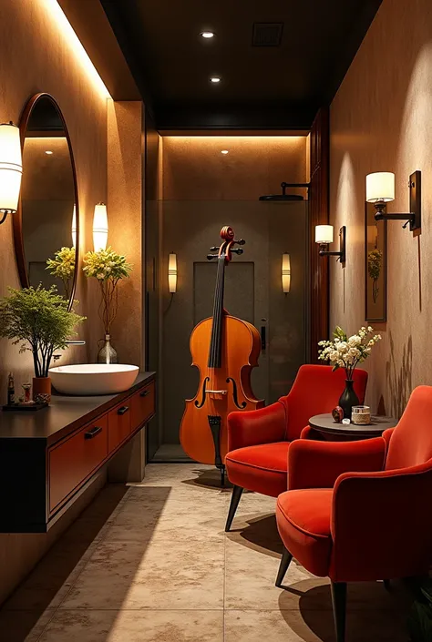  I want to have a unique boutique hotel  in a very cozy retro, jazz and modern style in harmony with music and art and creat  Lots of photos, please and The exterior of the bathroom with cellos musical instrument