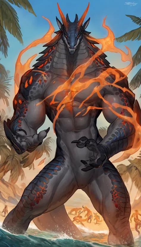 sharkman, gray belly, black and blue hands and fins, black back, solo, big arms, koholasaurus from genshin impact, lizard shark hybrid, anthro, closed mouth, naked, detailed scales, muscular, thick scales on shoulders, proporcional body, wide chest, marked...