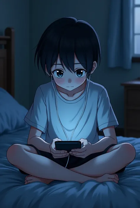 A  boy with black hair, black eyes, sitting on the bed looking down on his phone and playing video games. Wearing a wired earphones. An anime photo